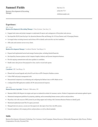 Business Development & Recruiting Manager Resume