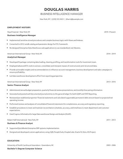 Business Intelligence Manager Resume