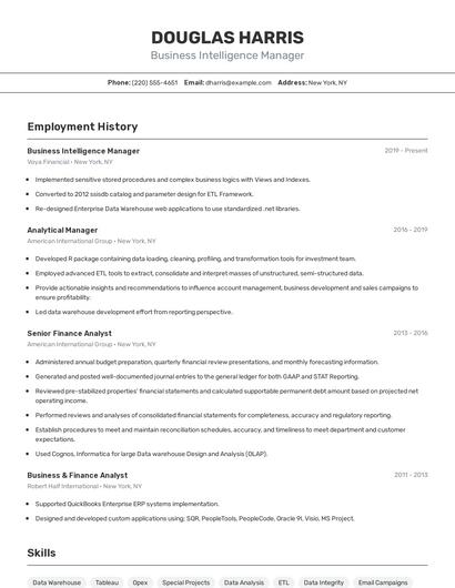Business Intelligence Manager Resume