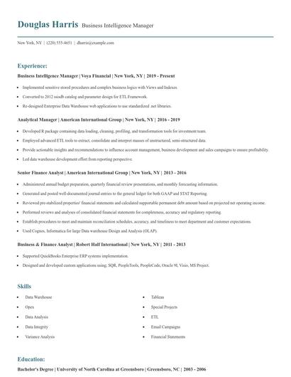Business Intelligence Manager Resume