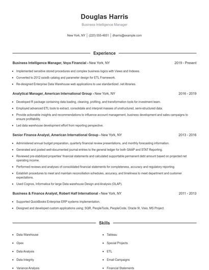 Business Intelligence Manager Resume