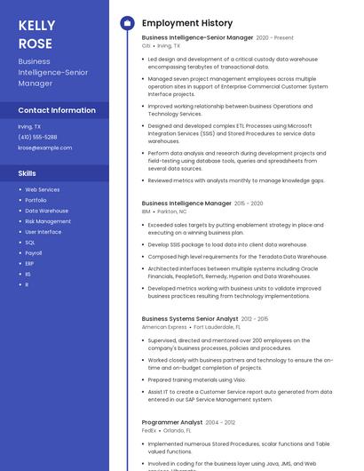 Business Intelligence-Senior Manager Resume
