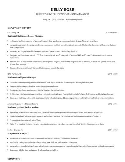 Business Intelligence-Senior Manager Resume