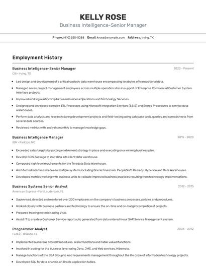 Business Intelligence-Senior Manager Resume