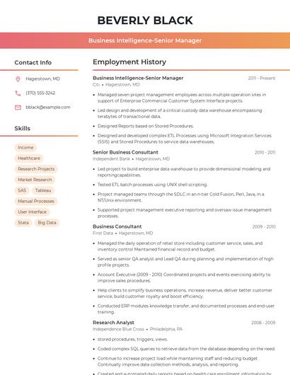 Business Intelligence-Senior Manager Resume