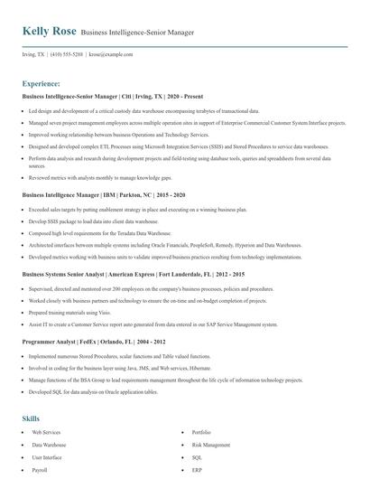 Business Intelligence-Senior Manager Resume