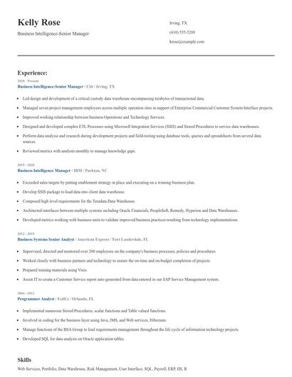 Business Intelligence-Senior Manager Resume