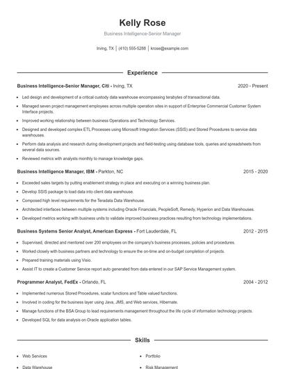 Business Intelligence-Senior Manager Resume