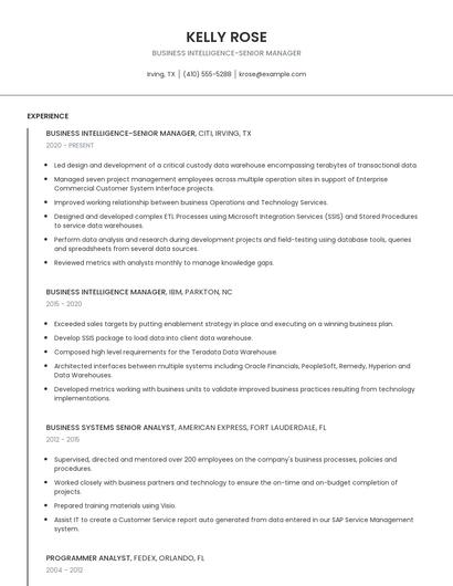 Business Intelligence-Senior Manager Resume