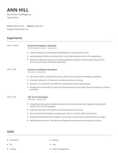 Business Intelligence Specialist Resume
