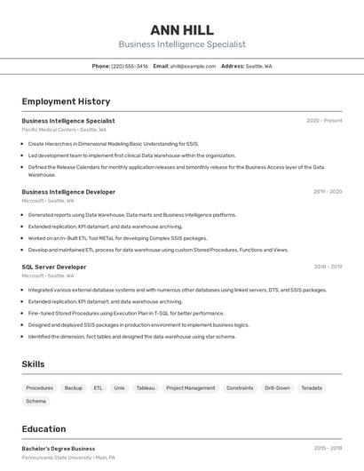Business Intelligence Specialist Resume