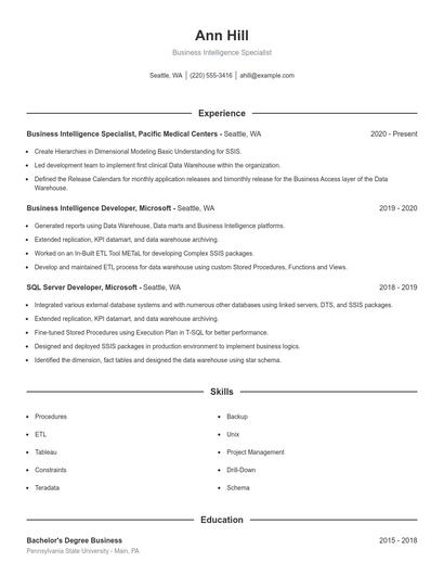 Business Intelligence Specialist Resume