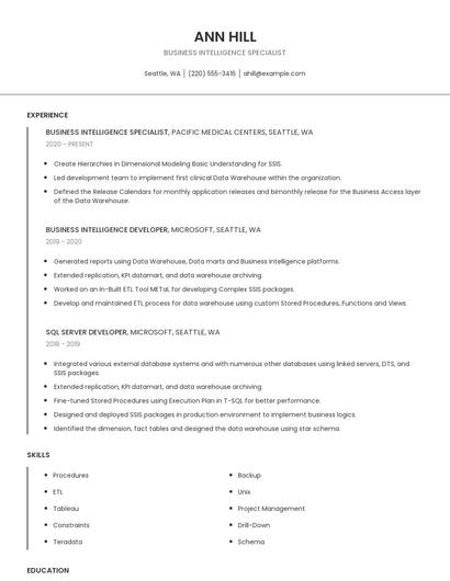 Business Intelligence Specialist Resume