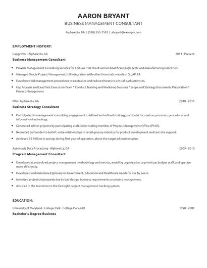Business Management Consultant Resume