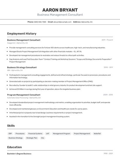 Business Management Consultant Resume