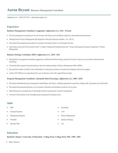 Business Management Consultant Resume