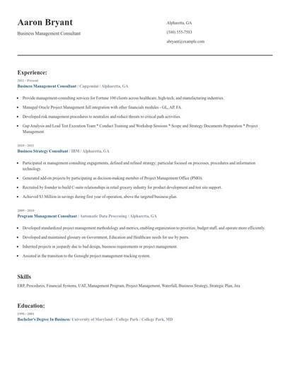 Business Management Consultant Resume