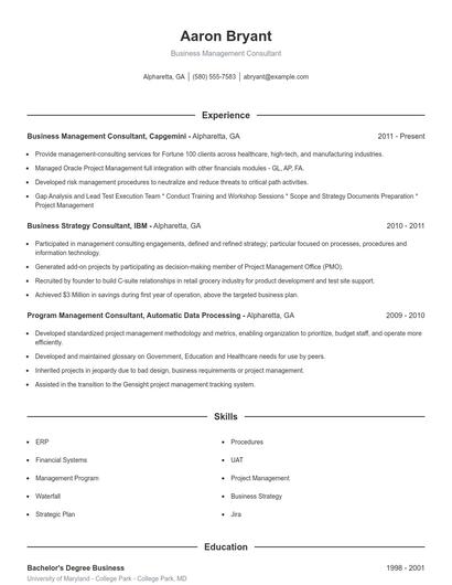 Business Management Consultant Resume