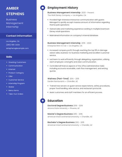 Business Management Internship Resume