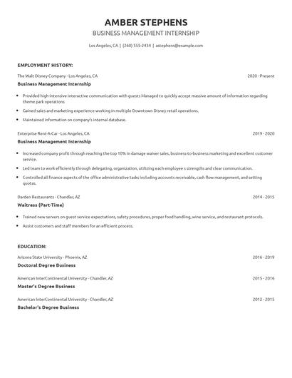 Business Management Internship Resume
