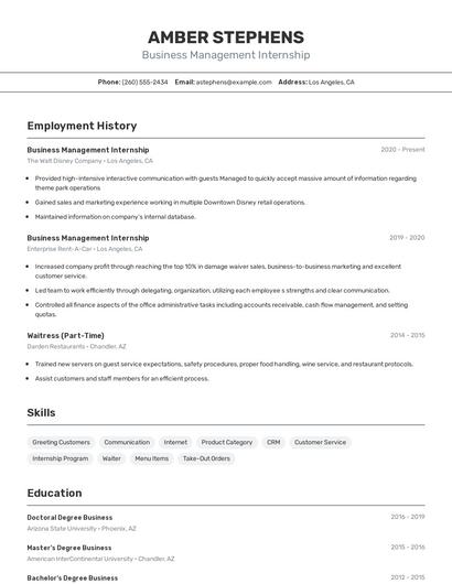 Business Management Internship Resume