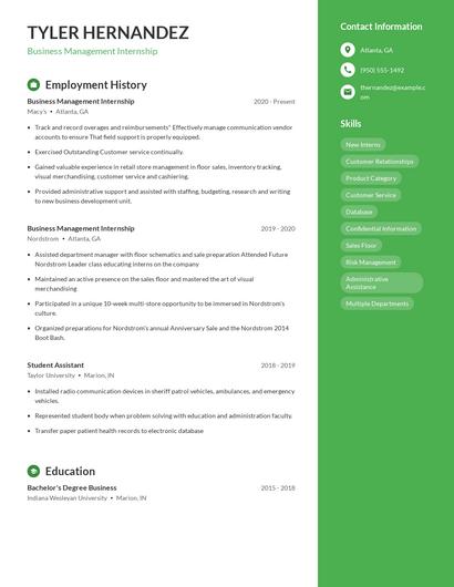 Business Management Internship Resume