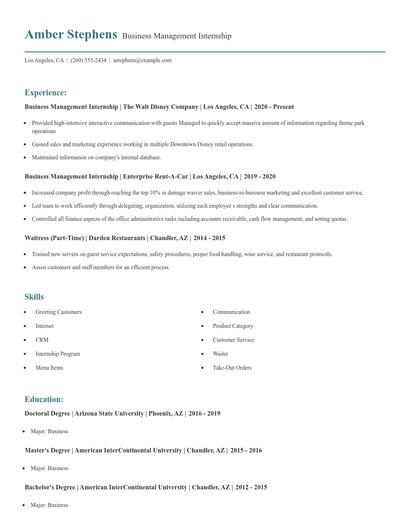 Business Management Internship Resume