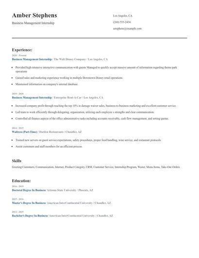 Business Management Internship Resume