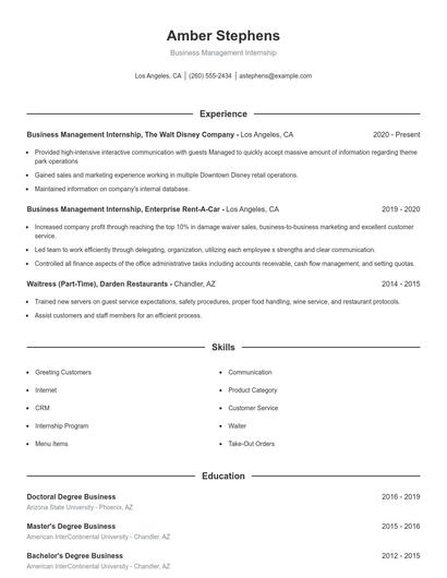 Business Management Internship Resume