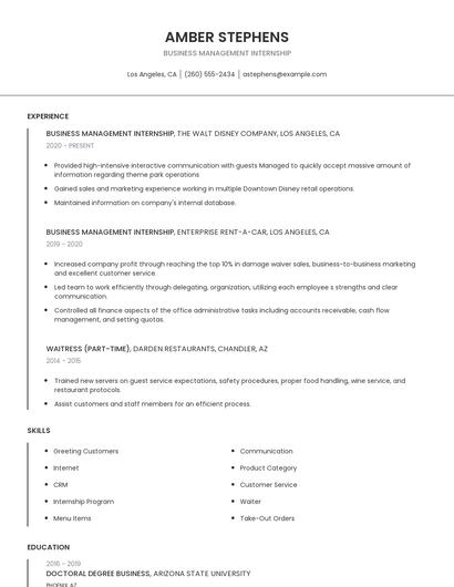 Business Management Internship Resume