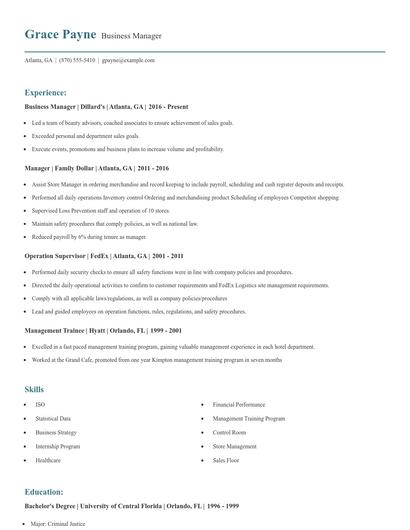 Business Manager Resume