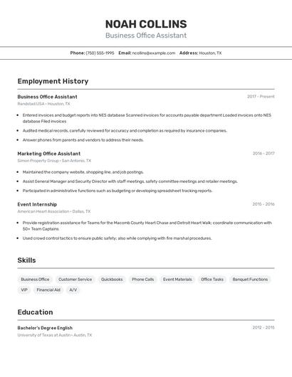 Business Office Assistant Resume