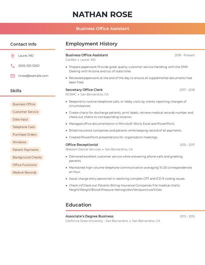 Business Office Assistant Resume
