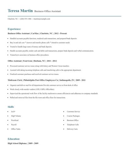 Business Office Assistant Resume