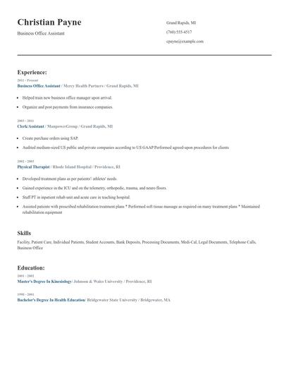 Business Office Assistant Resume