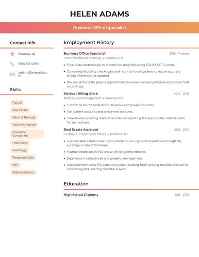 Business Office Specialist Resume