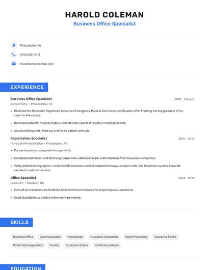 Business Office Specialist Resume