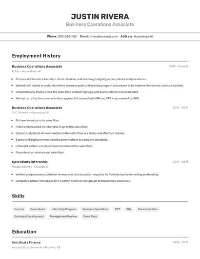 Business Operations Associate Resume