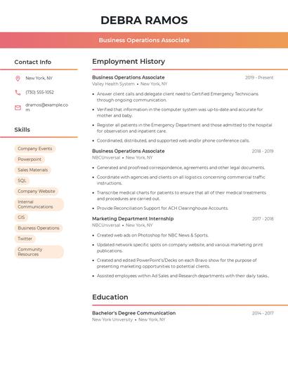 Business Operations Associate Resume