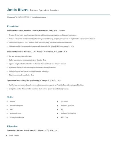 Business Operations Associate Resume