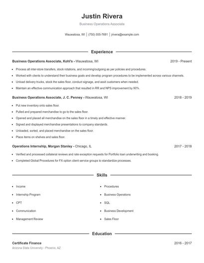 Business Operations Associate Resume