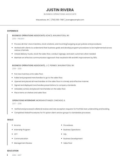 Business Operations Associate Resume