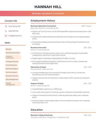 Business Operations Consultant Resume