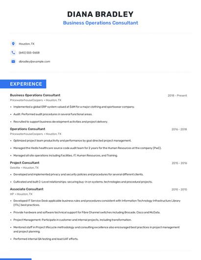 Business Operations Consultant Resume
