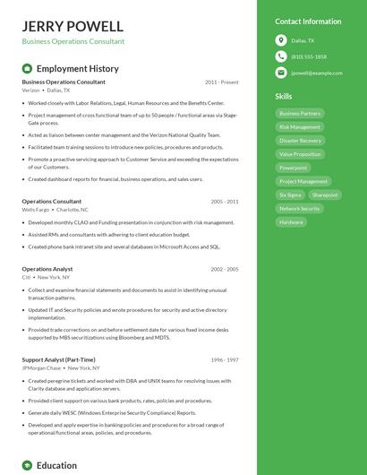 Business Operations Consultant Resume