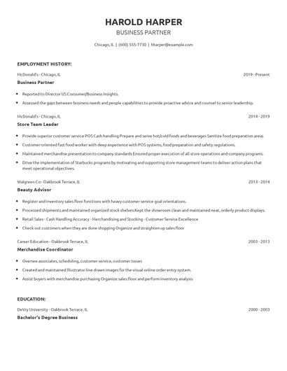 Business Partner Resume