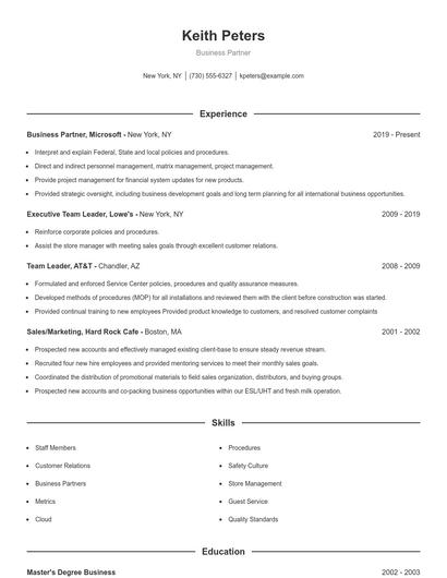 Business Partner Resume