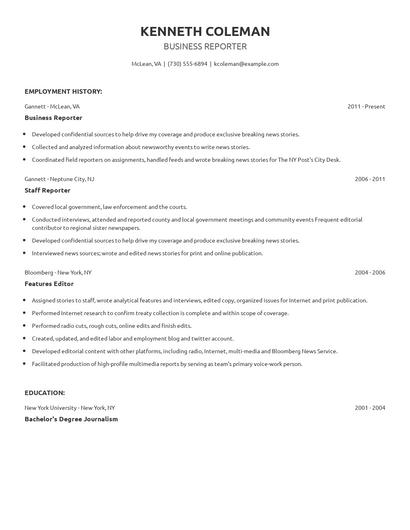 Business Reporter Resume