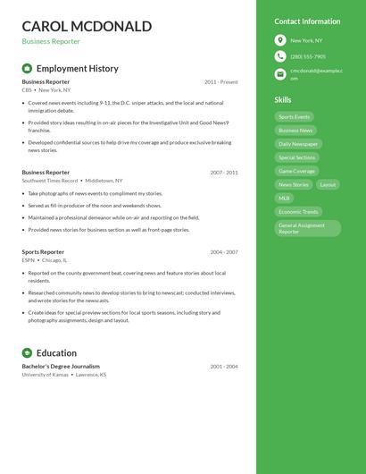 Business Reporter Resume