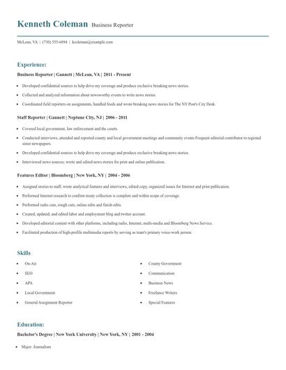Business Reporter Resume